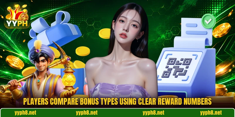 Players compare bonus types using clear reward numbers